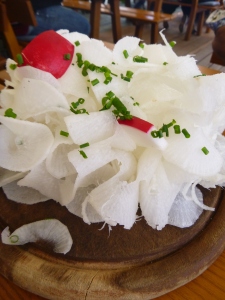 The giant radish is a dish available at many Biergartens. 